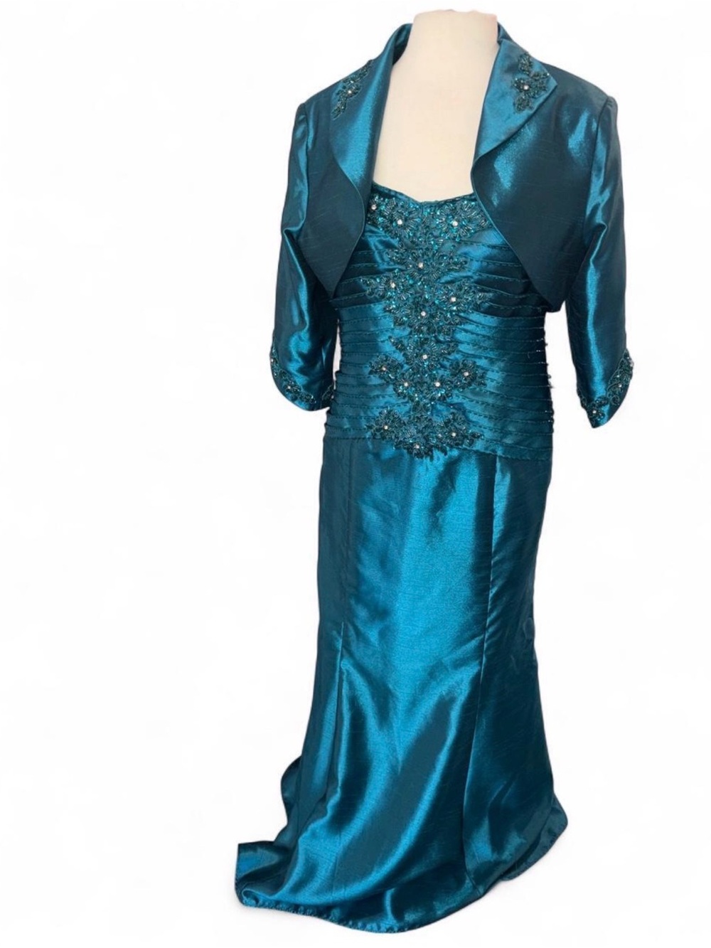 Y2K Vintage Porscha Couture Teal Beaded Prom dress with matching jacket size 14